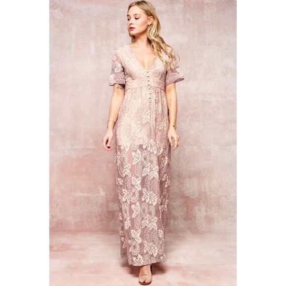 Promesa Lavender Lace Maxi Dress S Feminine Boho Fairy VNeck Sheer Button Detail - Picture 1 of 14